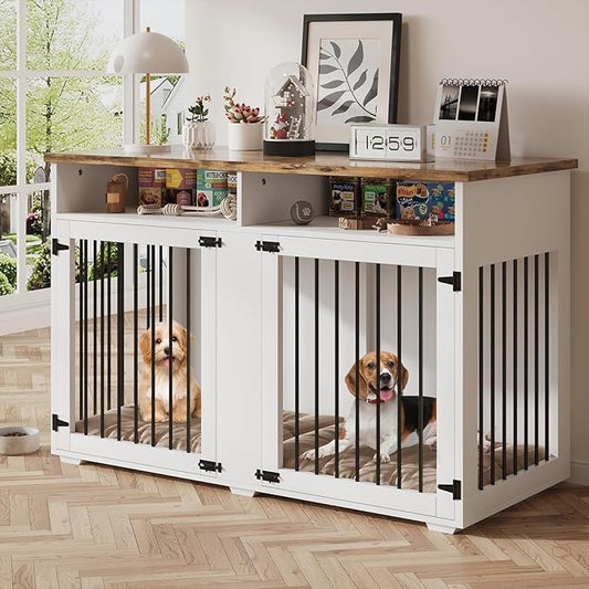 Dog Crate Furniture for 2 Dogs, 55 Inch Dog Crate Indoor with Removable Divider and Shelf Storage, Wooden Dog Crates for Medium/Large Dogs, White-PawvioPets