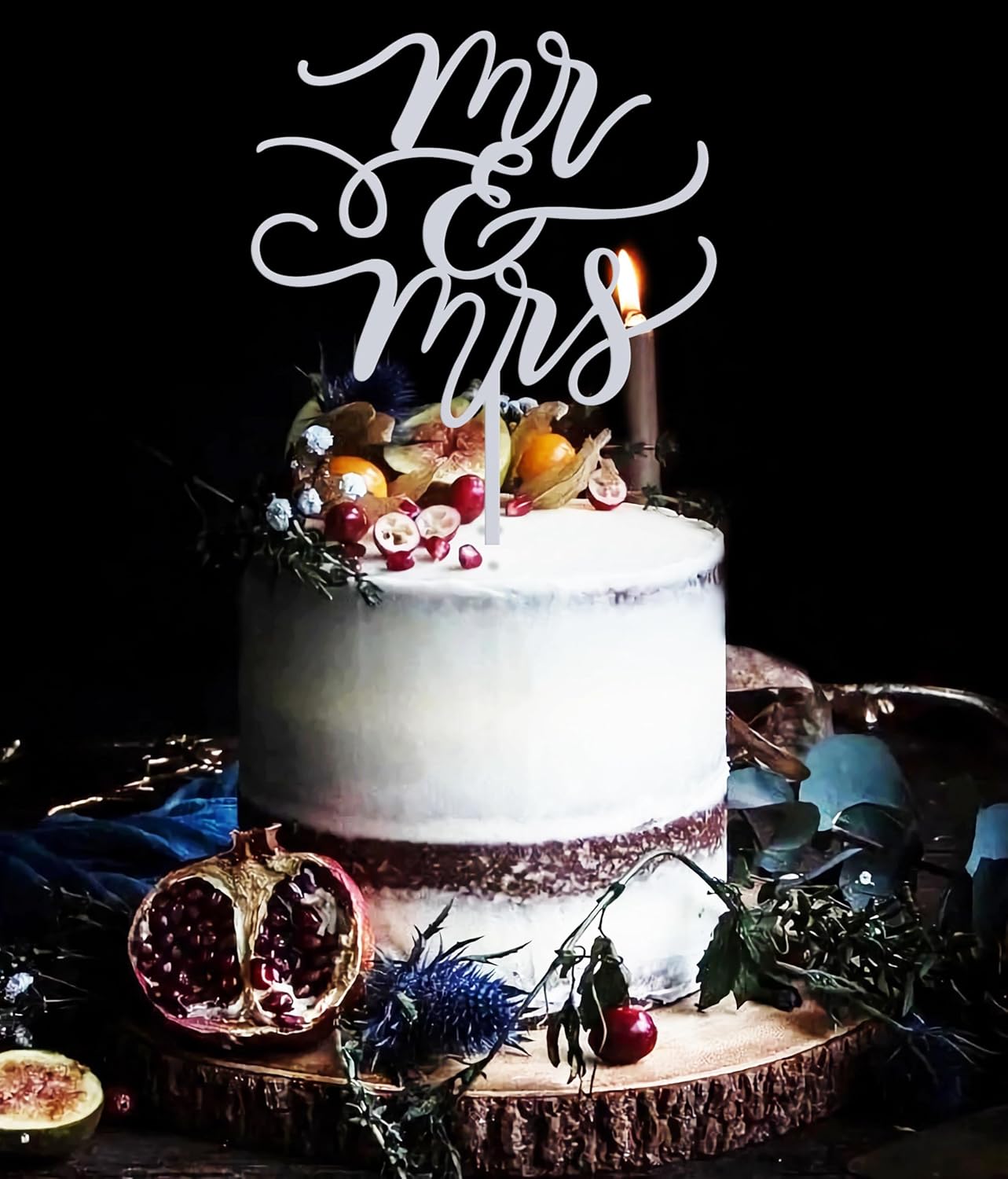 Mr and Mrs Cake Topper - Glitter Silver Acrylic Wedding Cake Decorations, Bride and Groom Cake Pick (Silver)