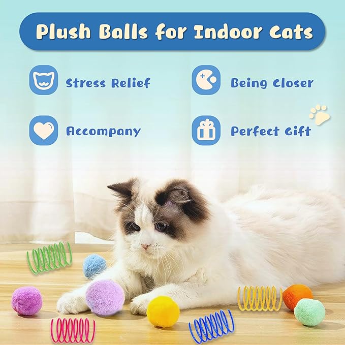 30 Pcs Premium Silent Cat Pom Pom Balls, Interactive Lightweight Assorted Colors Fuzzy Toy Balls (1.2 inches), with 4 Pcs Cat Spring Toy for Indoor Kitten Playing Exercising-PawvioPets