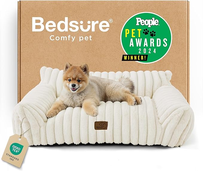 Bedsure Cute Cat Couch for Pets - Fluffy Small Dog Sofa with Premium Soft Corduroy Fleece, Pet Sofa with Removable Washable Cover, Supportive Dog Couch Bed for Small Medium Dogs, 30inch, Cream-PawvioPets