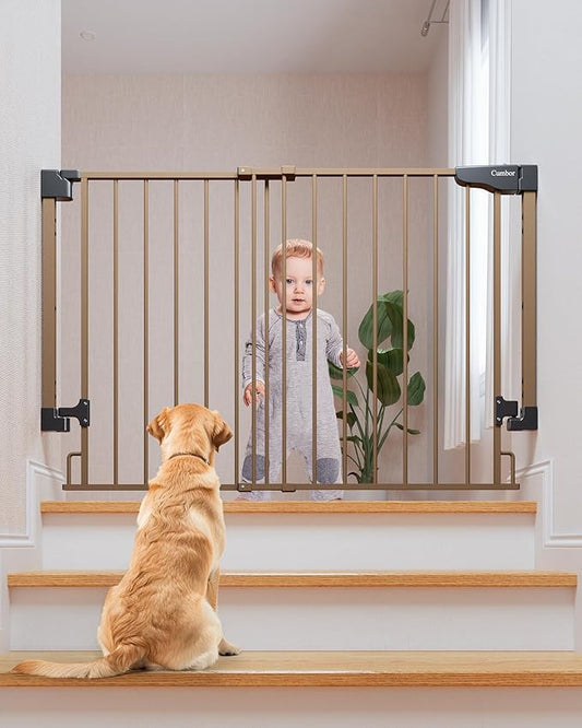 Cumbor 29.2-43" No Bottom Bar Baby Gate for Stairs, 2-in-1 Hardware Mounted Dog Gate Indoor, Pet Gate for Doorways with Large Walk Thru Door, Child-Proof Safety Gate for Top & Bottom of Stairs (Brown)-PawvioPets