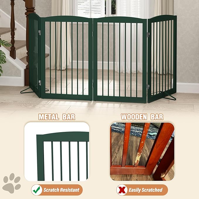 Freestanding Pet Gate for Dogs, Indoor Wooden Dog Gate for House, Foldable Dog Gate for Doorway, Stair, Step Over Pet Puppy Safety Fence Tall, 80 Inch Wide, 4 Panels 32", Green-PawvioPets