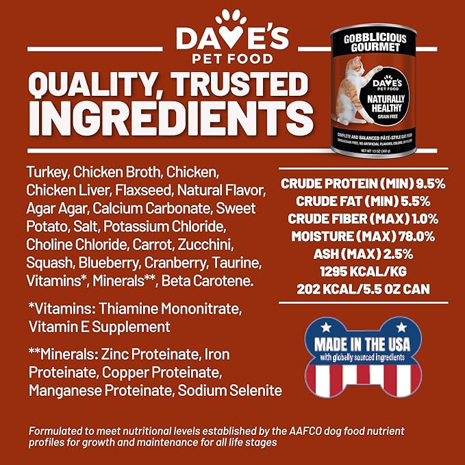 Dave's Pet Food Grain Free Wet Canned Cat Food Pate (Gobblicious Gourmet), Made in USA Naturally Healthy, Added Vitamins & Minerals, 13 oz Cans (12 Pack)-PawvioPets