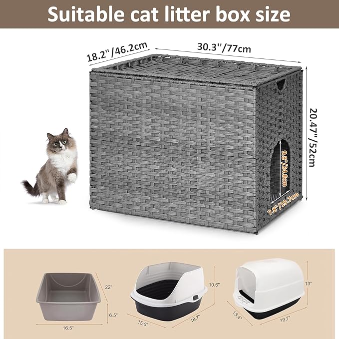 Cat Litter Box Enclosure with Litter Trapping Mat; Handwoven Plastic Rattan Cat House; No Installation Hidden Cat Washroom; Pet Crate for Balcony,Bedroom,Living Room-PawvioPets