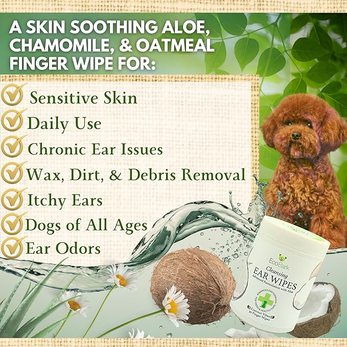 EcoBark Dog Ear Cleaner - Dog Ear Wipes with Finger Pad in Ear Solution - Gentle Otic Dog Grooming Supplies to Soothe Dog Ear Itching - Cleanse Away Dirt and Debris-PawvioPets