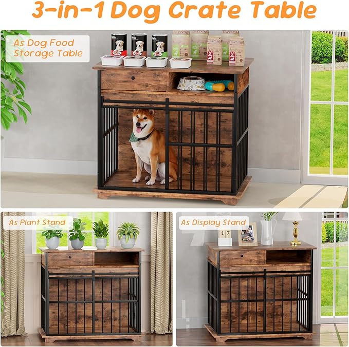 35.5" Dog Crate Furniture, Wooden Dog Crate Furniture for Medium Small Dogs, Wooden Dog Kennel End Table with Drawer and Open Shelves, Sliding Door Dog Kennel Furniture-PawvioPets