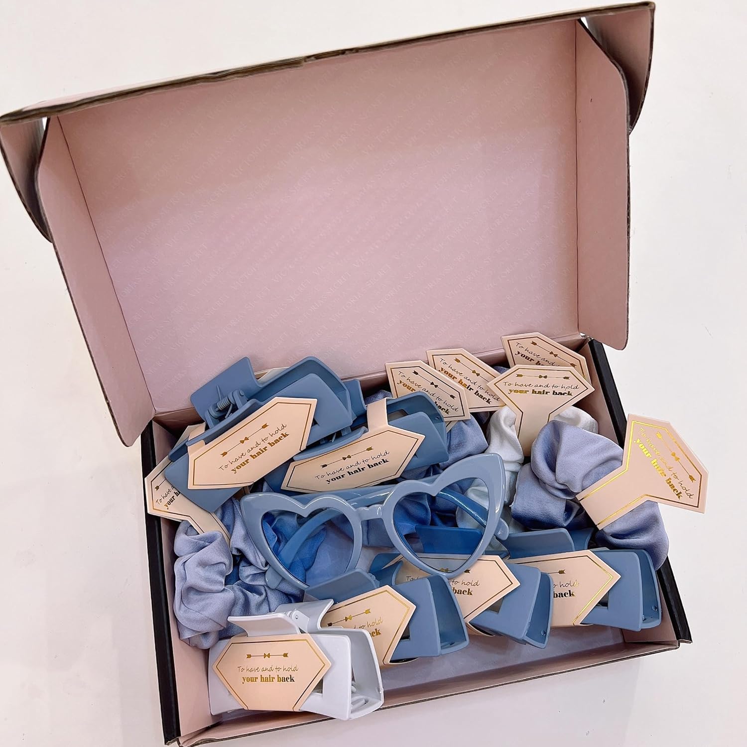 36pcs Bridesmaid Scrunchies Proposal Gifts Bachelorette Hair Claws Clips Girls heart sunglasses for Wedding Party Favors (White&Dusty Blue)