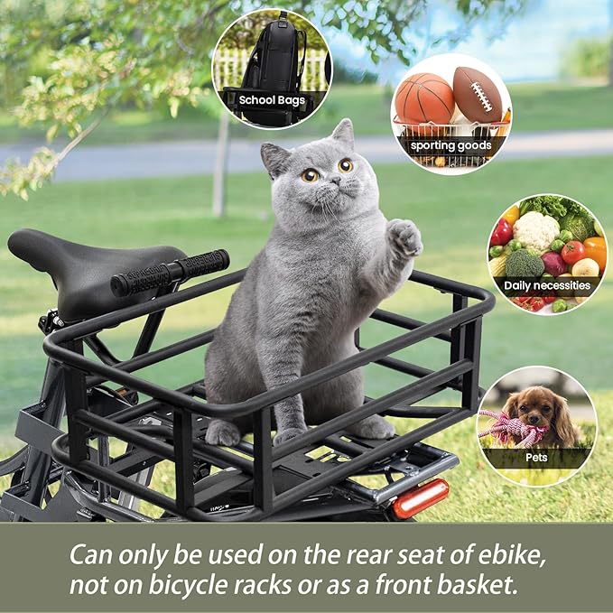 AWQM Large Ebike Basket, Waterproof Metal Electric Bicycle Basket, Quick Assemble Bike Accessories Rear Cargo Rack for Picnic, Pet, Sports-PawvioPets