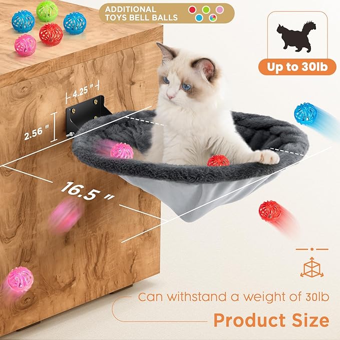 Cat Hammock Wall Mounted, Foldable & Stable Cat Beds- Breathable Cats Wall Shelves for Sleeping, Playing, Climbing, and Lounging - Maximum Hold Up to 30lb（Gray,Faux Rabbit Fur）-PawvioPets