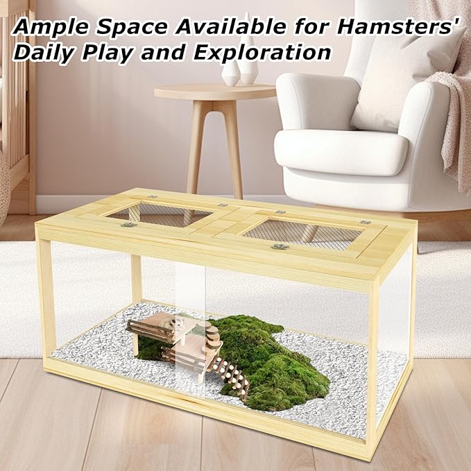 32" Hamster Habitat Enclosure, Lockable Sliding Door Gerbil Cage, Dwarf Hamster Cage with Metal Mesh Roof, Chewproof Syrian Hamster Cage for Mice, Small Animal, (Wooden, 32" L x 16" W x 16" H)-PawvioPets