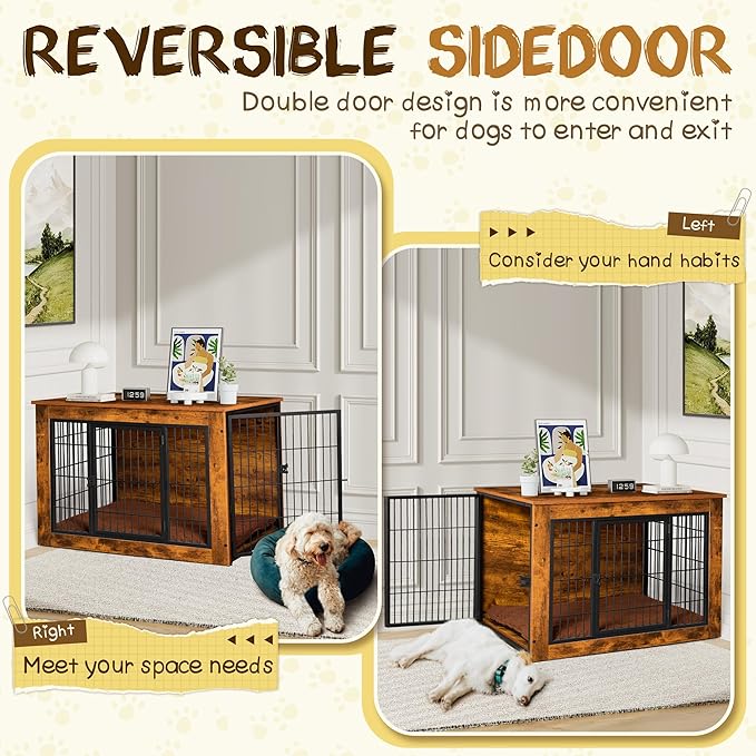 Bigrab Dog Crate Furniture with Thick Cushion, Side End Table Wooden Dog Cage with Double Doors, Chew-Resistant Dog Kennel Dog House Indoor for Small to Large Dog, L-PawvioPets