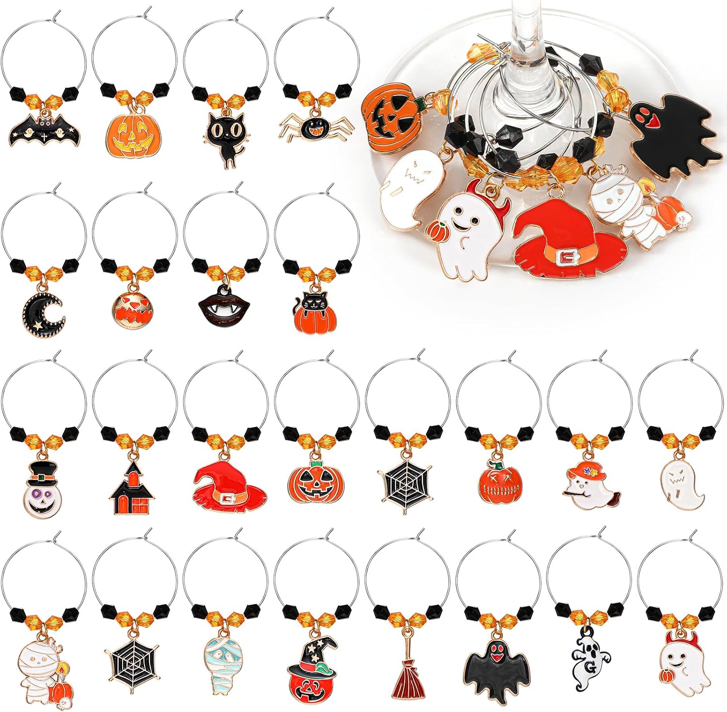 Inbagi 24 Pcs Halloween Wine Glass Charms Halloween Enamel Wine Charms Pendant Pumpkin Witch Hat Broomstick Mummy Castle Glass Markers Drink Identifier for Stem Halloweens Birthday Party Supply