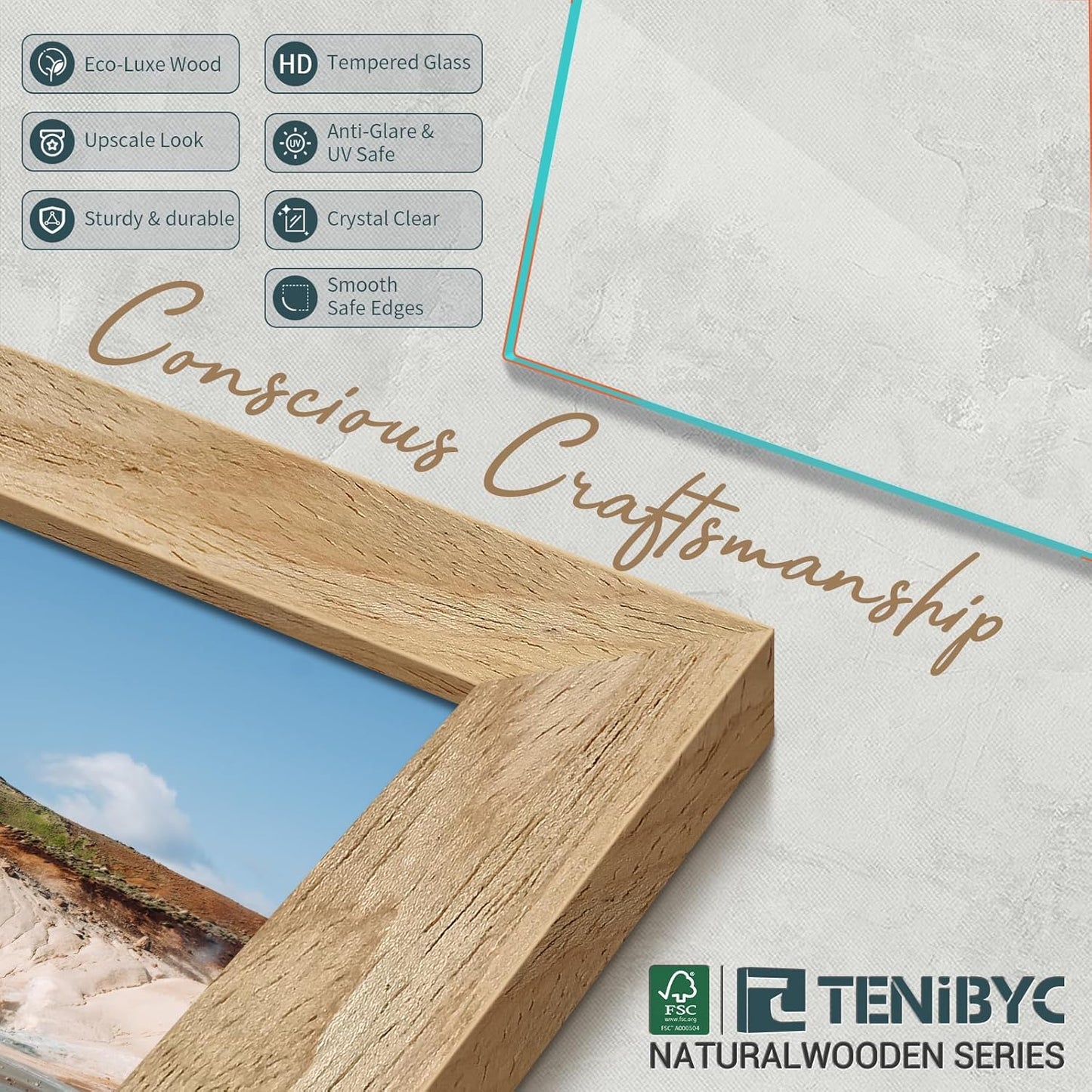 8x10 Picture Frame 4 Pack, Textured Natural Wood, HD Tempered Glass, Gallery Photo Frame, Table or Wall Display