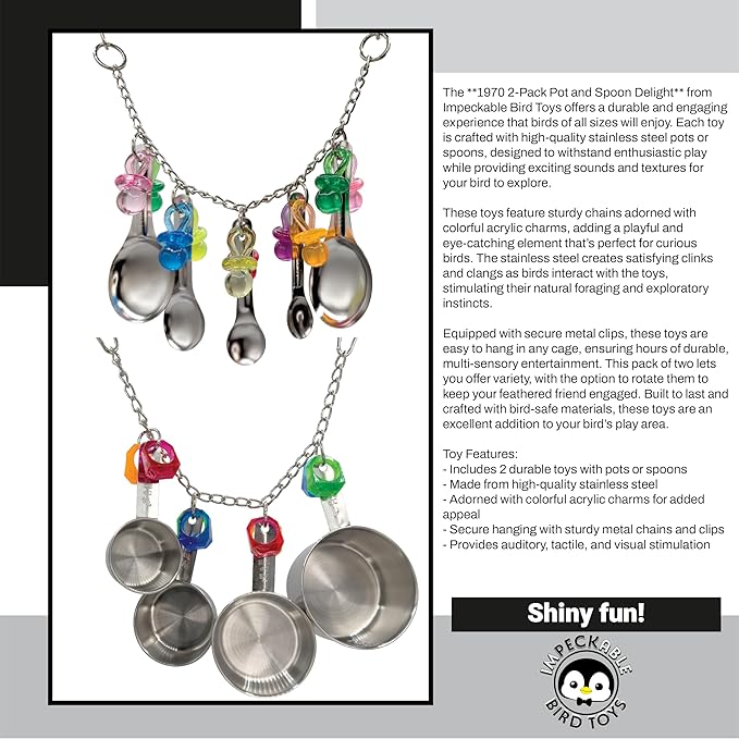 1970 Pk2 Pot and Spoon Delight Features Shiny pots and Spoons with Acrylic Rings and Pacifiers, Handcrafted for African Greys Amazons Macaws-PawvioPets