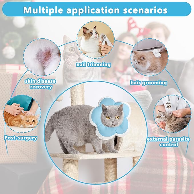 Cat Cone Collar Soft, Waterproof Cats Cones to Stop Licking After Surgery, Adjustable Soft Elizabeth Cats Collars for Wound Healing, Flower Shape Cat Recovery Collar (Blue, Small)-PawvioPets