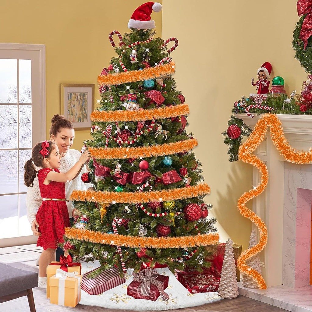 Macaron Metallic Twist Tinsel Garland - 25ft Wall Hanging Backdrop for Christmas, New Year & Valentine's Day Parties (Orange, 4in x 25ft)