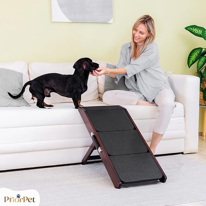 Dog Steps for Bed & Couch 2-in-1 Dog Stairs/Ramp - Height Adjustable Dog Ramp for Couch 7” - 20” - Pet Stairs, Dog Stairs for Small Dogs - Easy to Move Pet Steps with Landing Platform, Walnut-PawvioPets
