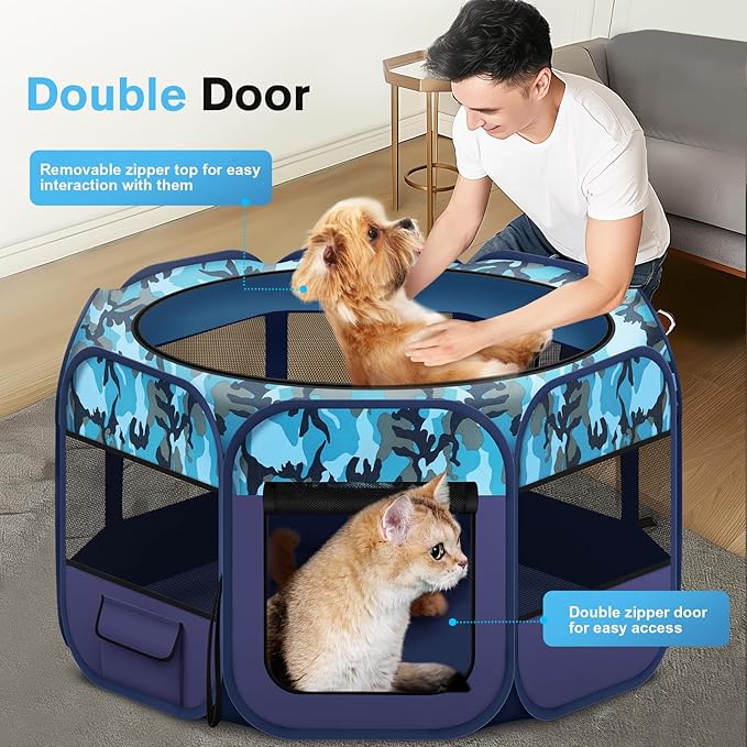 Dog Playpen, Pet Playpen, Portable Cat Playpen, Pop Up Foldable Puppy Playpen Exercise Kennel Tent with Carry Case Collapsible Bowl,Water-Resistant Shade Cover for Outdoor Indoor Travel (Large)-PawvioPets