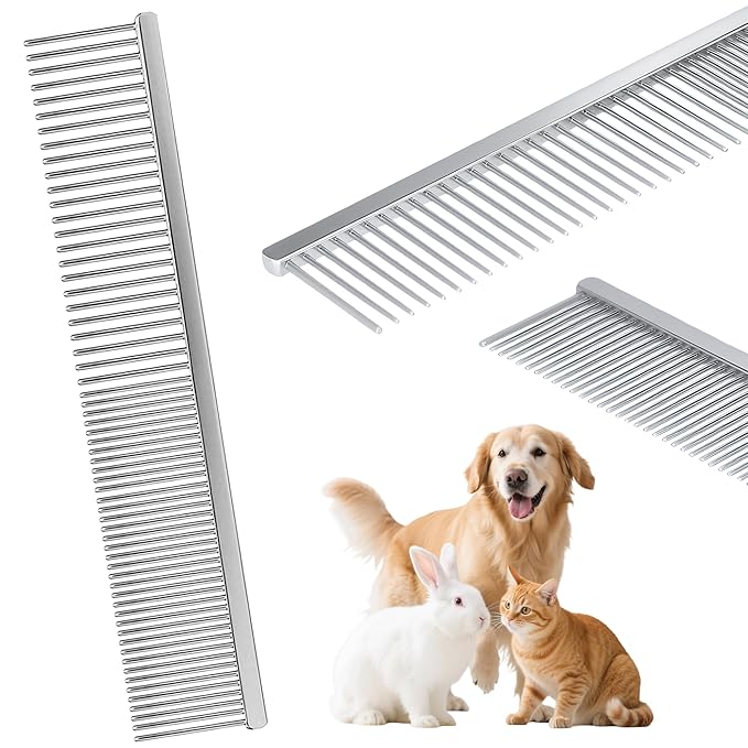 7.5 Inch Professional Stainless Steel Pet Grooming Comb for Dogs & Cats, Wide & Dense Teeth for Removing Tangles, Knots,Undercoat,Flea,Excess Hair, Rounded Corners Design for Safe,Metal Dematting Tool-PawvioPets