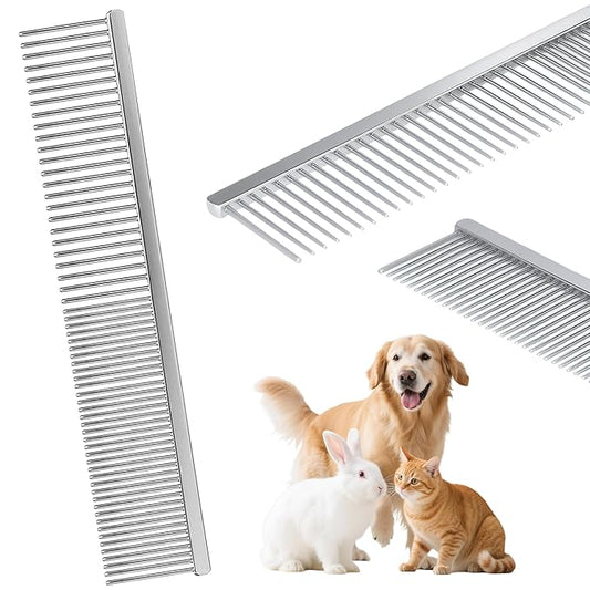 7.5 Inch Professional Stainless Steel Pet Grooming Comb for Dogs & Cats, Wide & Dense Teeth for Removing Tangles, Knots,Undercoat,Flea,Excess Hair, Rounded Corners Design for Safe,Metal Dematting Tool-PawvioPets