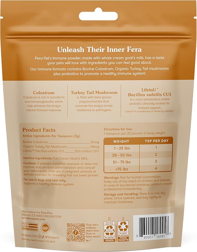 Fera Pets Immune Goat Milk for Dogs & Cats with Colostrum, Organic Turkey Tail Mushroom, & Probiotics - Improves Immune Response - for Picky Eaters - Powder - 60 TSP-PawvioPets