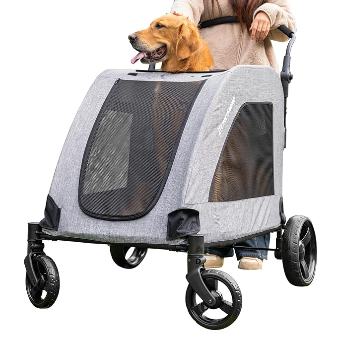 EchoSmile XL Extra Large Dog Stroller - Adjustable Handles,Lightweight Folding Pet Stroller,All-Terrain 4 Wheel for 2 Medium Dogs,Dual Entry Safety Dog Stroller,Capacity 160 lbs,Gray-PawvioPets