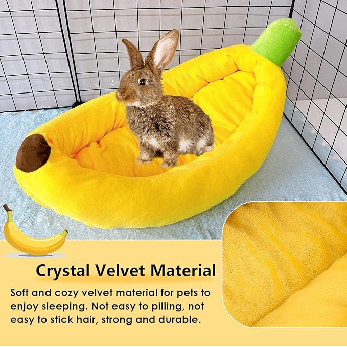 Bunny Bed,Rabbit Bed,Thick&Soft with Removable Mat,Machine Washable Guinea Pig Cushion,Cozy Bunny Plush House,Warm Small Animal Sleeping Beds(Yellow Banana Shape-M)-PawvioPets