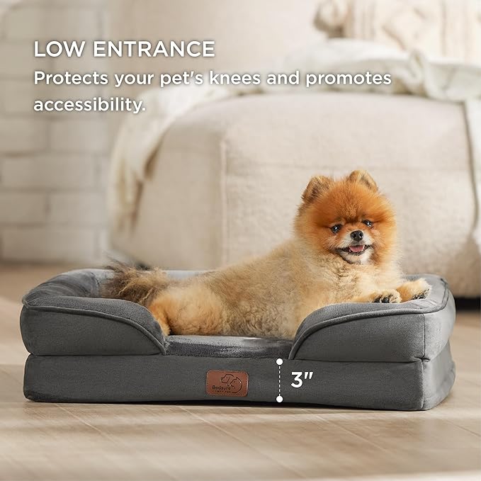 Bedsure Small Orthopedic Dog Bed - Washable Bolster Dog Sofa Beds for Small Dogs, Supportive Foam Pet Couch Bed with Removable Washable Cover, Waterproof Lining and Nonskid Bottom Couch, Dark Grey-PawvioPets