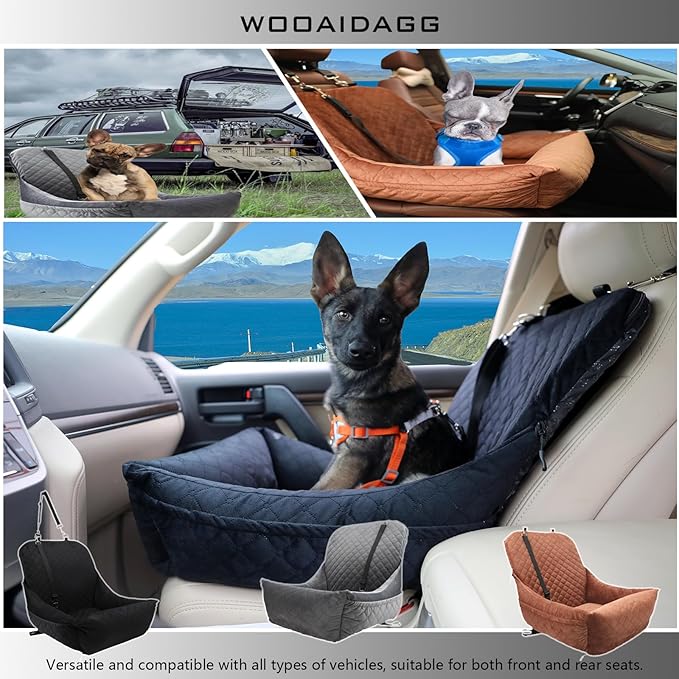 Dog Car Seat,Fully Detachable and Washable Cover,Easy to Assemble,Comfy Cushion Fill in Memory Foam,2 Clip-On Safety Leashes and Storage Pockets (Grey)-PawvioPets