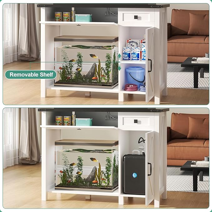 40 Gallon Aquarium Stand With Charging Station, Farmhouse Fish Tank Stand, Reptile Tank Stand Terrarium Stand with Drawer and Cabinet Storage, Sturdy Heavy Duty 41.9"×18.3" Tabletop - White-PawvioPets