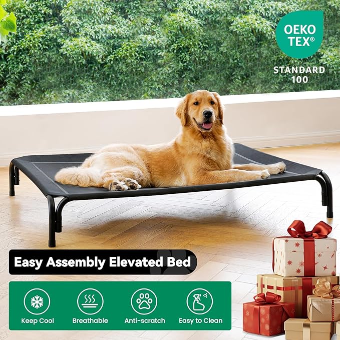 Elevated Dog Bed Raised Outdoor Dog Cot for Large Dogs, Installation Requires No Tools, Frame with Washable Cooling Breathable Mesh Anti-Slip Feet, Indoor Pet Bed, Black, 43.3 Inches-PawvioPets