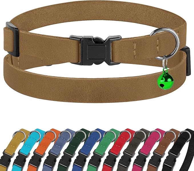 Breakaway Cat Collar Leather with Removable Bell - 13 Colors Available - Soft Adjustable Girl Boy Safety Lightweight Pet Kitten Collars Pink Brown Blue Green Red Orange Black (Brown)-PawvioPets
