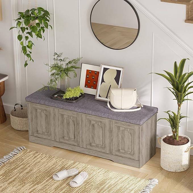 DINZI LVJ Shoe Bench, Entryway Storage Bench with Doors, Cushion, 2-Tier Shoe Rack with 8-Cubby, 47.2”L x 13.8”W Shoe Organizer Cabinet, Adjustable Shelf, Living Room, Bedroom, Gray Wash-PawvioPets