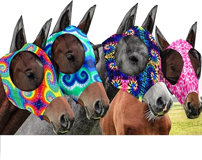 Frienda 4 Pieces Horse Fly Masks with Ears Face Covering UV Protection from Insect Pests Elasticity Smooth Comfortable Mesh Horse Mask Accessories(Tie-dye,Medium)-PawvioPets