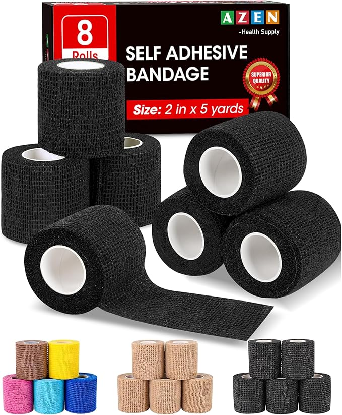 AZEN 8 Pack Self Adhesive Bandage Wrap, 2" X 5 Yards Elastic Cohesive Bandage Wrap, Black Athletic Tape, Vet Wrap, Ankle Tape, Tattoo Grip Tape Wrap-PawvioPets