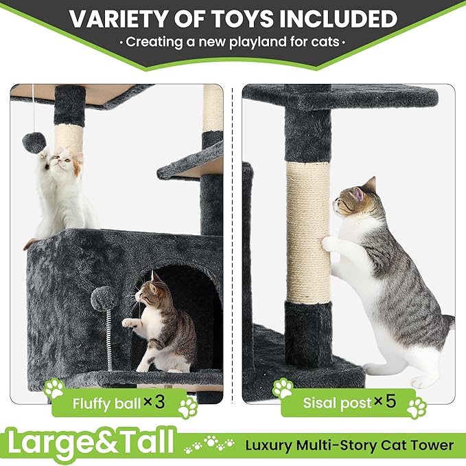 69in Large Cat Tree Tower for Indoor Cats with Soft Plush Hang Ball, Two Condos, Sisal Scratch Posts & Rope Play for Kittens/Adult Cats, Deep Grey-PawvioPets