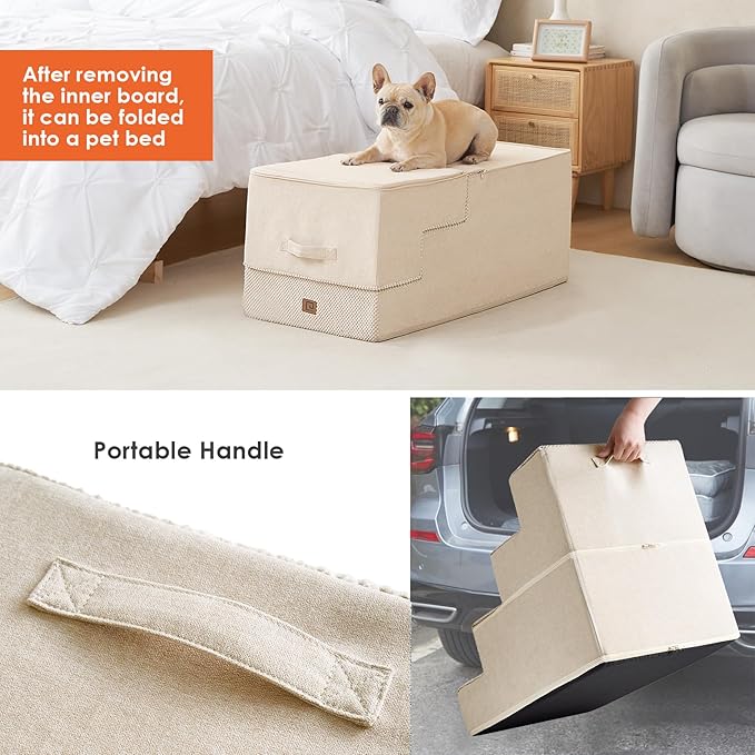 EHEYCIGA Dog Stairs for High Bed 25" H, 5-Step Extra Wide Dog Steps for Bed, Pet Steps for Small Dogs and Cats, Non-Slip Balanced Pet Ramp Indoor, Beige-PawvioPets