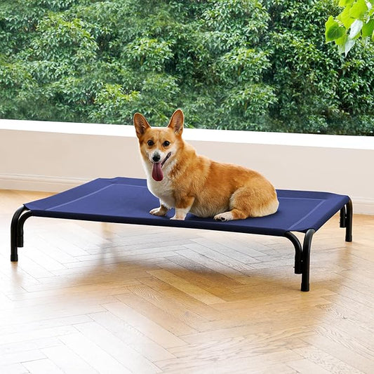 Elevated Dog Bed Raised Outdoor Dog Cot for Medium Dogs, Installation Requires No Tools, Frame with Washable Cooling Breathable Mesh Anti-Slip Feet, Indoor Pet Bed, Blue, 35.4 Inches-PawvioPets