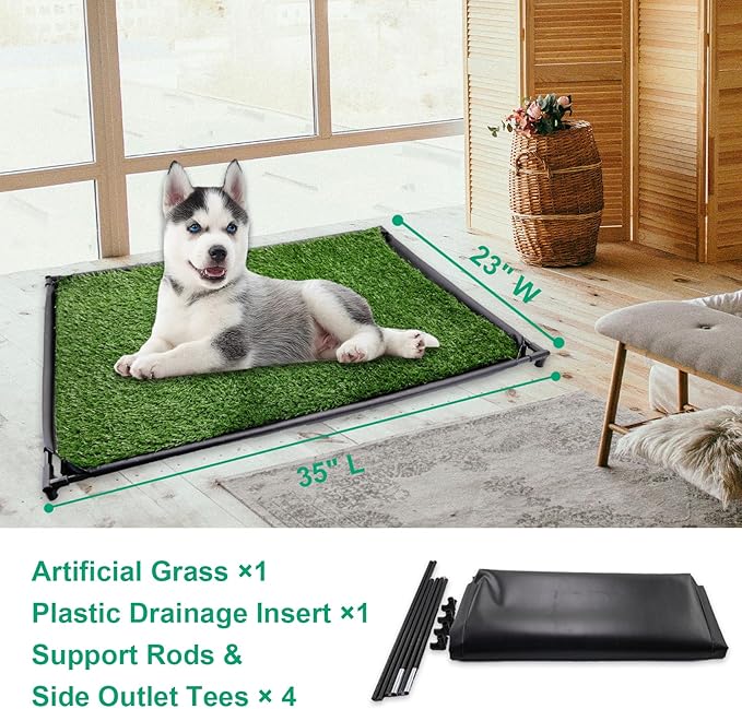 Dog Grass Pad with Tray, 35" X 23" Large Indoor/Outdoor Potty Training Pad, Durable Leak-Proof Tray and Reusable Puppy Grass Pads, Easy Clean Portable Pet Relief System for Small to Medium Dogs-PawvioPets