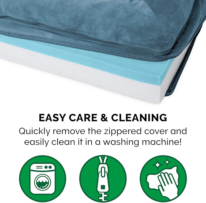 Furhaven Cooling Gel Dog Bed for Medium/Small Dogs w/ Removable Bolsters & Washable Cover, For Dogs Up to 35 lbs - Faux Fur & Velvet Sofa - Harbor Blue, Medium-PawvioPets