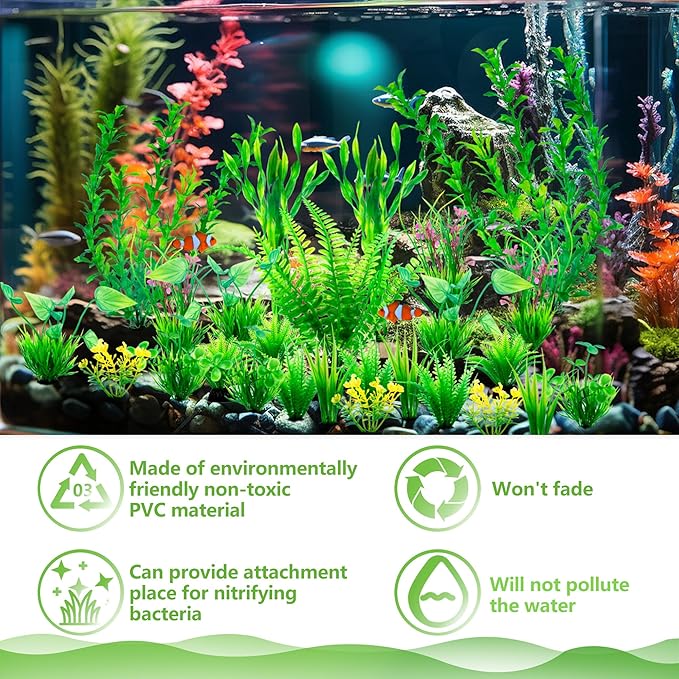 Ameliade Aquarium Artificial Green Plastic Plants Decorations 26 PCS Large Fish Tank Accessories Goldfish Betta Tank Decor-PawvioPets