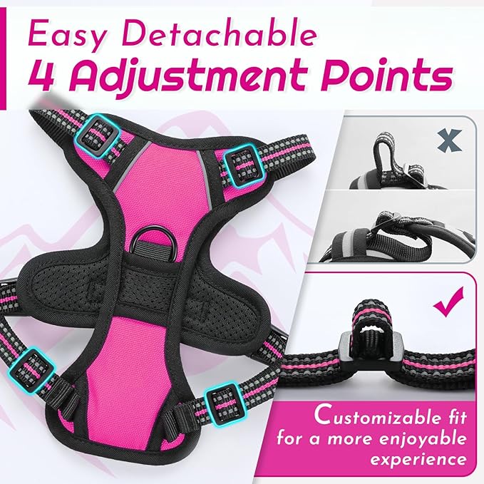 Eagloo Small Dog Harness No Pull, Service Vest with Reflective Strips and Control Handle, Adjustable and Comfortable for Easy Walking, No Choke Pet Harness with 2 Metal Rings, Rose Red, XS-PawvioPets