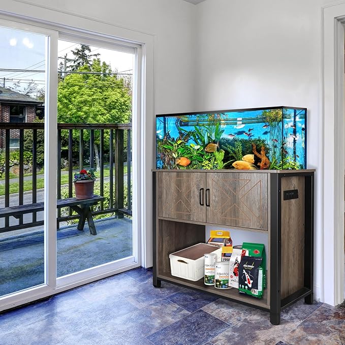 40 Gallon Aquarium Stand with Cabinet & Power Outlets, Heavy Duty Metal Stand for 40-50 Gallon Breeder & Turtle Tanks, Double Terrarium Stand, 660LBS Capacity, Grey-PawvioPets