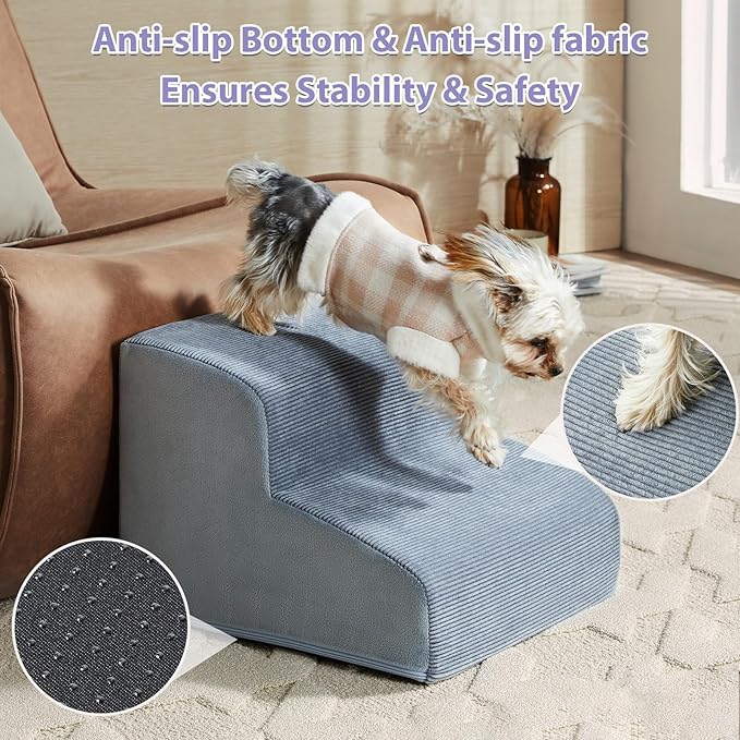 Dog Stairs for Small Dogs, 2-Steps Dog Ramp for Couch, Pet Stairs with Highly Supportive Foam and Non-Slip Bottom, Pet Steps for Cat & Doggie (High 11.8 Inch)-PawvioPets