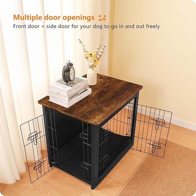 DWANTON Dog Crate Furniture with Cushion, Wooden Kennel Table with Double Doors, Indoor Dog House, Small/Medium/Large Size, 27.2" L, Black+Rustic Brown-PawvioPets