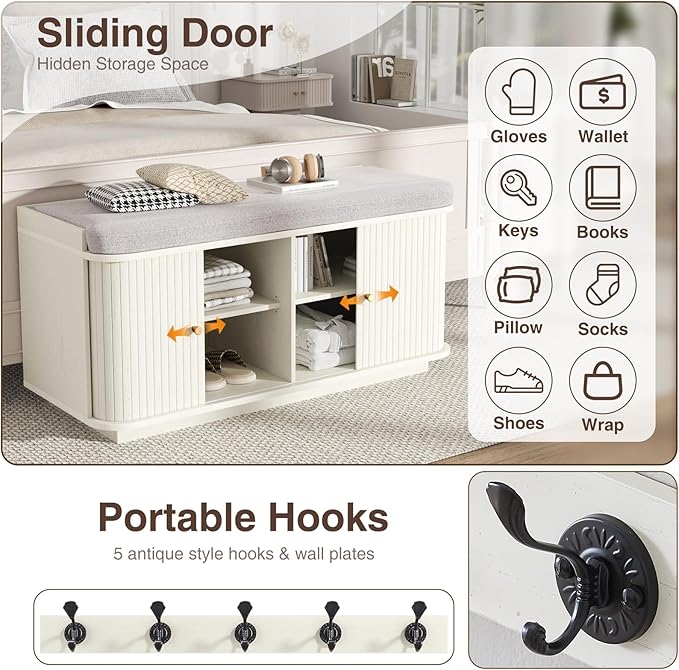 Cream White 39.4" W 2-Tier Shoe Bench with Storage | Entryway Bench with Padded Cushion, Sliding Doors & 5 Hooks-PawvioPets