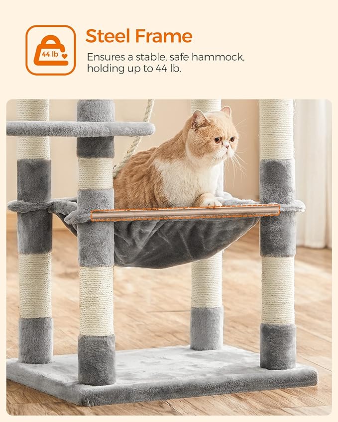 FEANDREA Cat Tree, Cat Tower for Indoor Cats, 56.3-Inch Cat Condo with Scratching Posts, Hammock, Plush Perch, Light Gray UPCT15W-PawvioPets