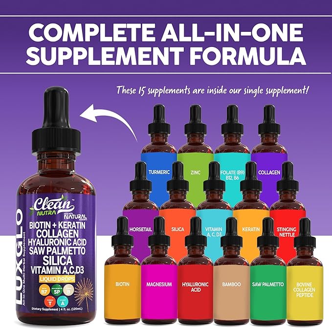 Biotin Liquid Drops Collagen Keratin Hyaluronic Acid Saw Palmetto for Hair Skin and Nails Silica Vitamin A C Vitamin D Bamboo Turmeric Zinc Folate Magnesium Horsetail LuxGlo by Clean Nutra-PawvioPets