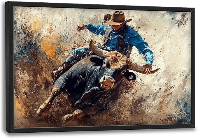 Framed Large Western Cowboy Wall Art, Oversized Rustic Cow Wall Decor for Living Room, Dusty Canvas Painting Pictures Vintage Artwork Home Decoration for Living Room Bedroom Office 36"x24"-PawvioPets
