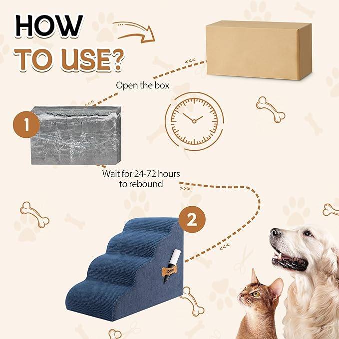 Dog Stairs, Romrol Dog Steps Ramp for High Bed and Couch, Dogs Ramp with Durable Non-Slip Waterproof Fabric Cover, Pet Stairs for Small Dogs and Cats or Pets Joints, 4-TiersDusty Blue-PawvioPets
